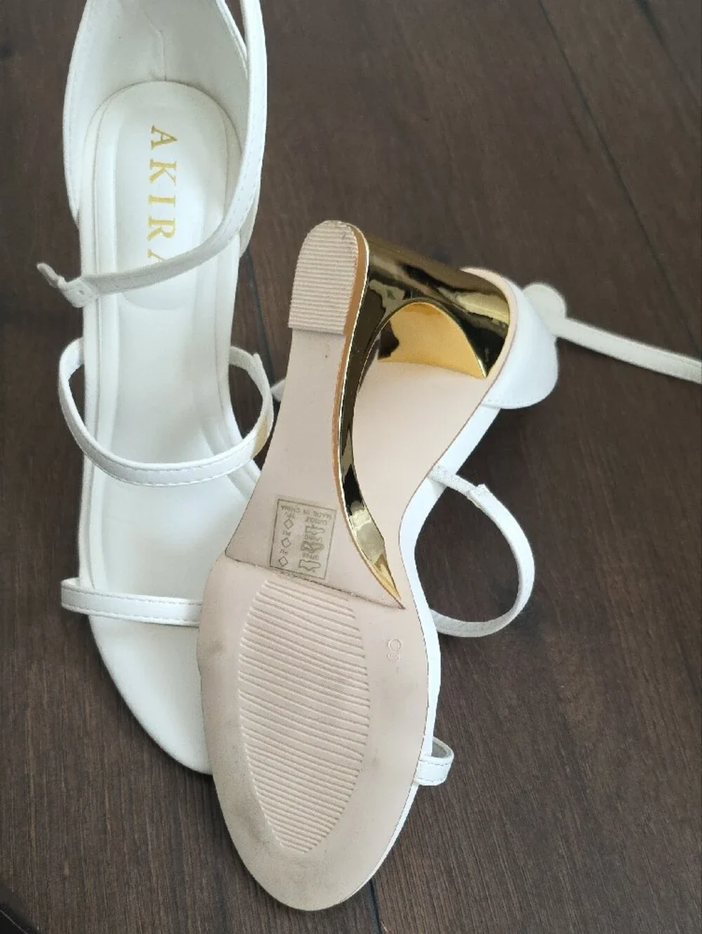 AKIRA White Strappy Slingback Heels with Gold Sculpted Heel